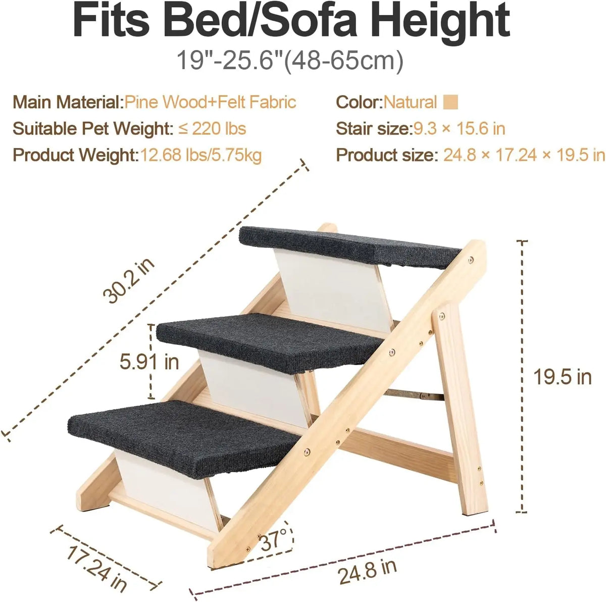 Wood Pet Stairs & Ramp for Aging Pets Small/Medium Dogs and Cats. – 2-in-1 Foldable, Portable, Non-Slip Pet Ladder for Tall Beds, Couches, Cars