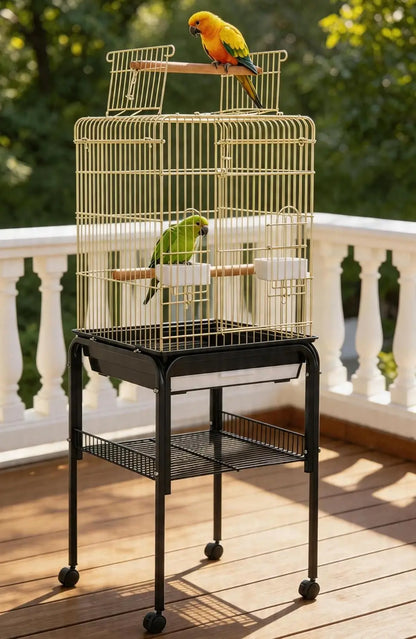 57‘’H Open-Top Bird Cage with Detachable Rolling Stand, With Slide-Out Tray,Storage Shelf,