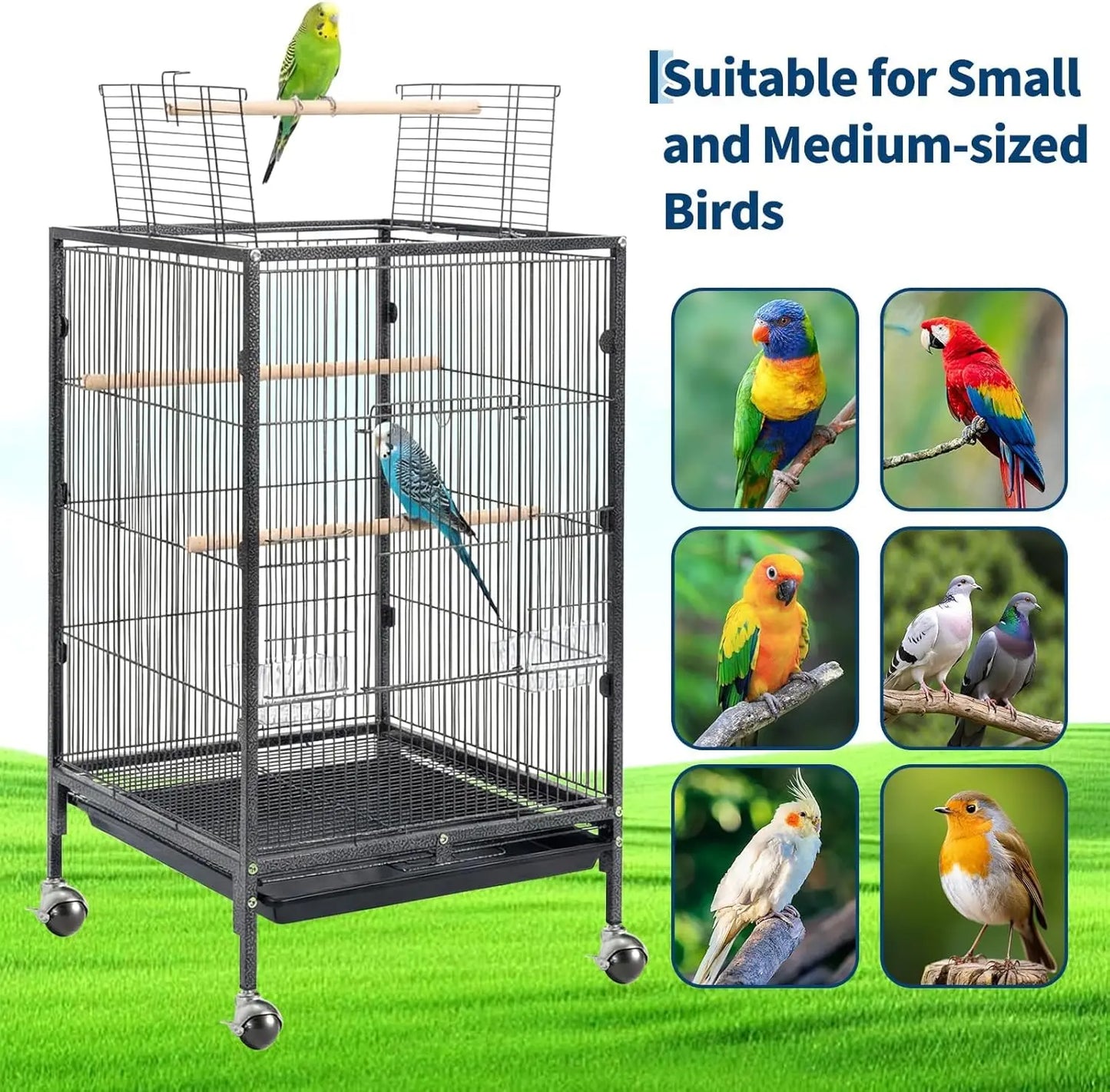 Heavy Duty Metal Bird Cage with Play Top and Rolling Stand,Spacious Flight Cage for Parakeets, Canaries, Lovebirds