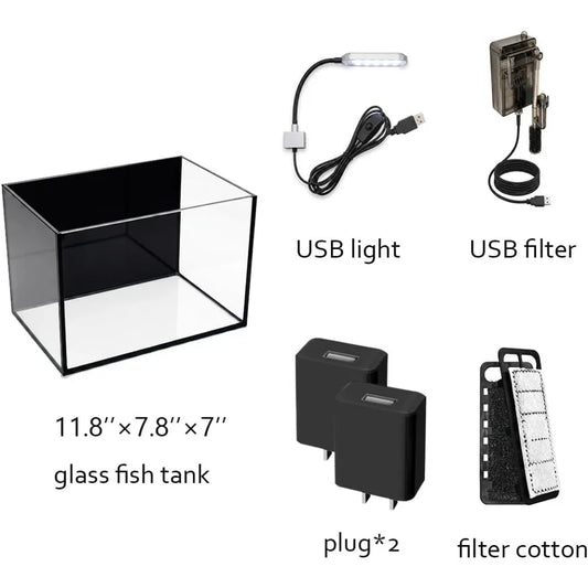 2.8 Gallon Glass Fish Tank with Light and Filter | Aquarium Kit for Small Fish or Shrimp, Ideal for Desktop Corner