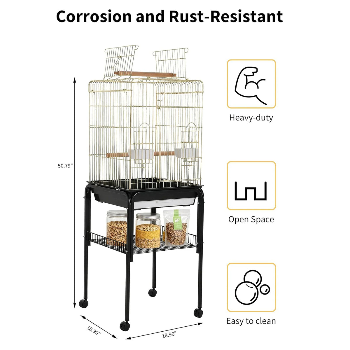 57‘’H Open-Top Bird Cage with Detachable Rolling Stand, With Slide-Out Tray,Storage Shelf,