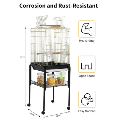 57‘’H Open-Top Bird Cage with Detachable Rolling Stand, With Slide-Out Tray,Storage Shelf,