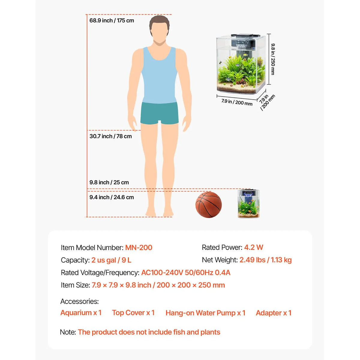 Fish Tank Aquarium, 2 Gallon Arch Ultra-Clear GPPS Starter Smart Tank Adjustable 3 Color Lighting, Self Cleaning System