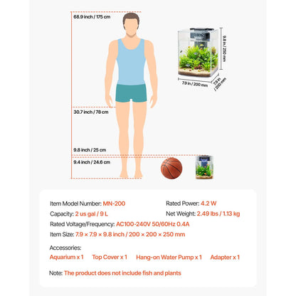 Fish Tank Aquarium, 2 Gallon Arch Ultra-Clear GPPS Starter Smart Tank Adjustable 3 Color Lighting, Self Cleaning System
