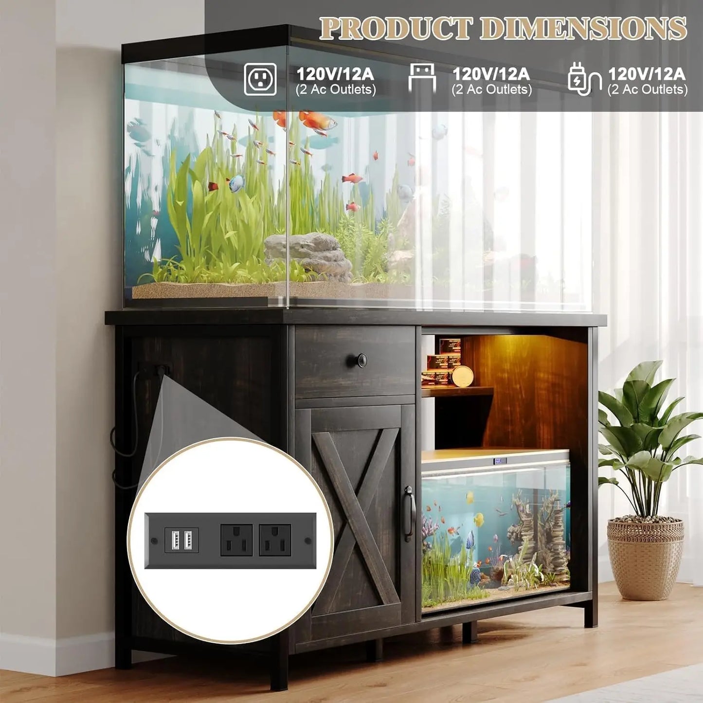 Heavy Duty Aquarium Stand with Power Outlets, LED Light & Cabinet Storage for 55-75 Gallon Fish Tanks