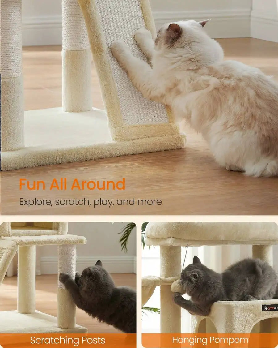 37.8-Inch Cat Tower, Multi-Level Condo With Widened Perch, Scratching Posts And Ramp, 2-Door Cave, Hammock