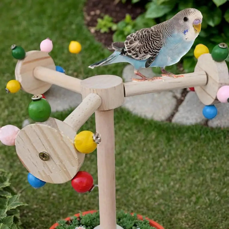 Perch Toy With Rotating Balls Wood Interactive Bird Stand Colorful Rotating Windmill Toy