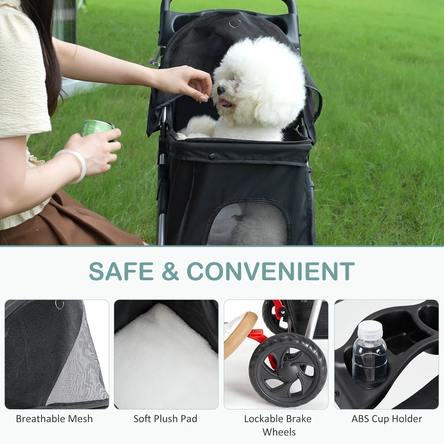 JHK 3 Wheels Foldable Pet Stroller for Small Dogs and Cats with Mesh Windows Storage Basket Cup Holder