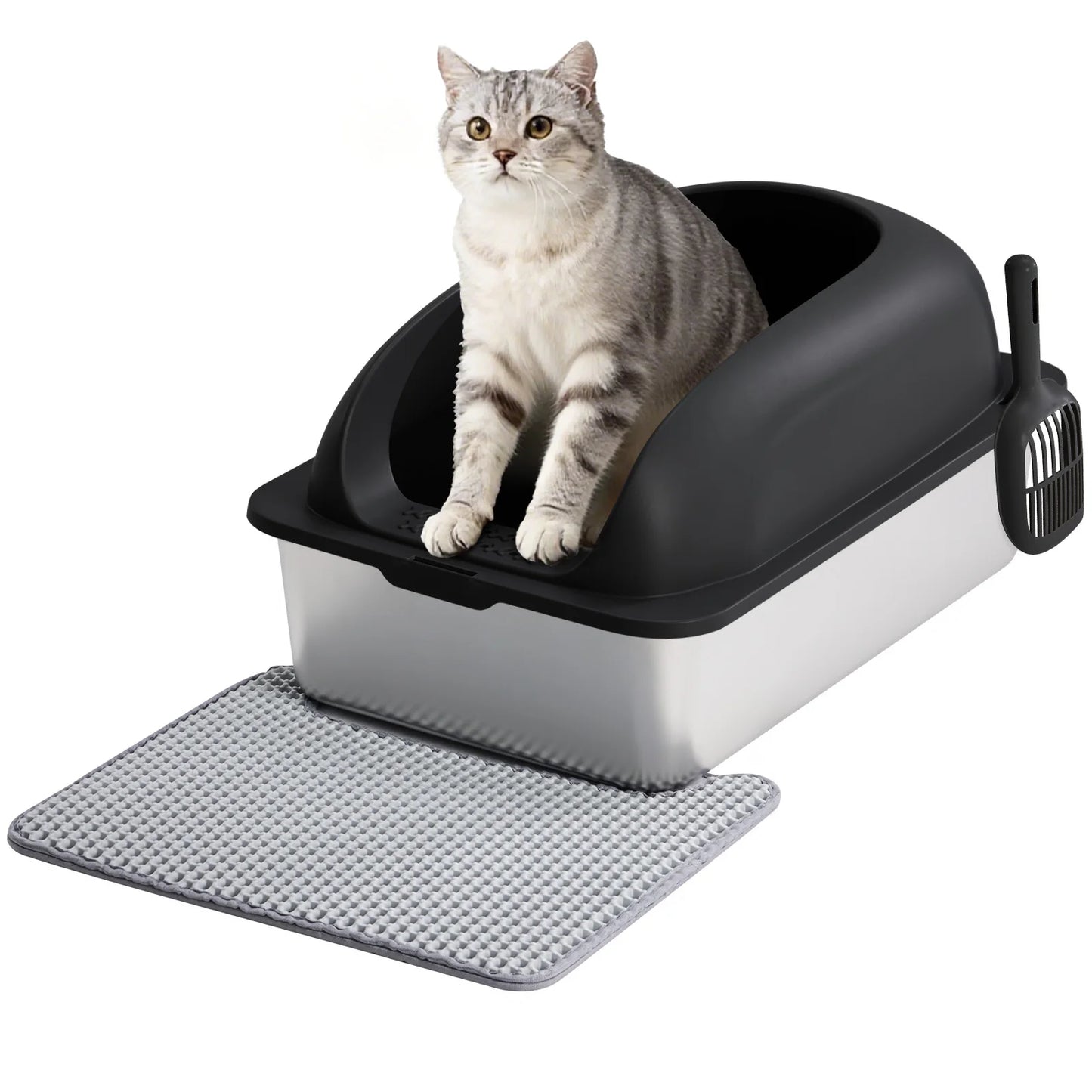 JHK Stainless Steel Cat Litter Box with Lid Scoop and Mat Included
