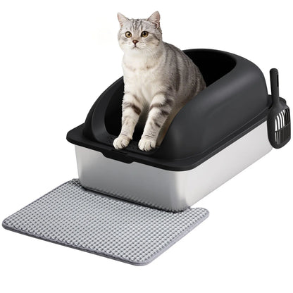 JHK Stainless Steel Cat Litter Box with Lid Scoop and Mat Included