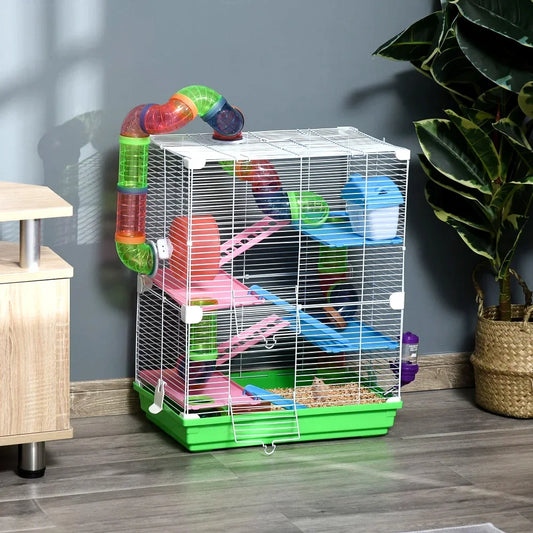 PawHut 18" 5-Tier Hamster Cage with Tubes, Tunnels, Portable Handle, Water Bottle, Food Dish & Exercise Wheel for Small Animals like Rats and Gerbils