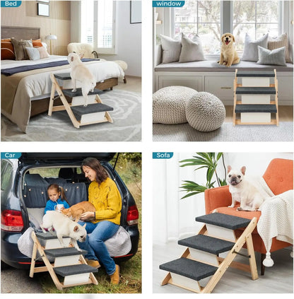Wood Pet Stairs & Ramp for Aging Pets Small/Medium Dogs and Cats. – 2-in-1 Foldable, Portable, Non-Slip Pet Ladder for Tall Beds, Couches, Cars