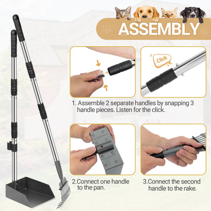Dog Pooper Scooper Tray and Rake Set, Stainless Handles