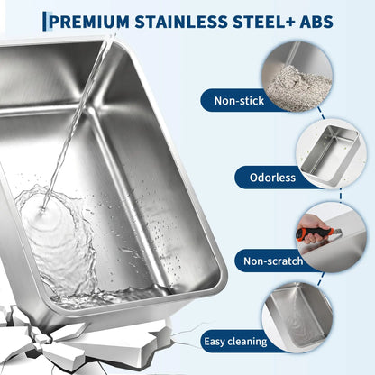 Enclosed Stainless Steel Litter Box With Lid - Dog Proof XL High Sided Anti Leak Front Entry Top Exit For Big Cats Includes