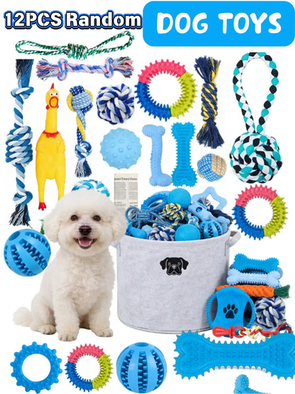 12pcs Durable Dog Toys, Random Styles & Materials, Large Size Chew Toys, Teeth Cleaning, Tug Of War, Boredom Relief, Encourage Interactive Play