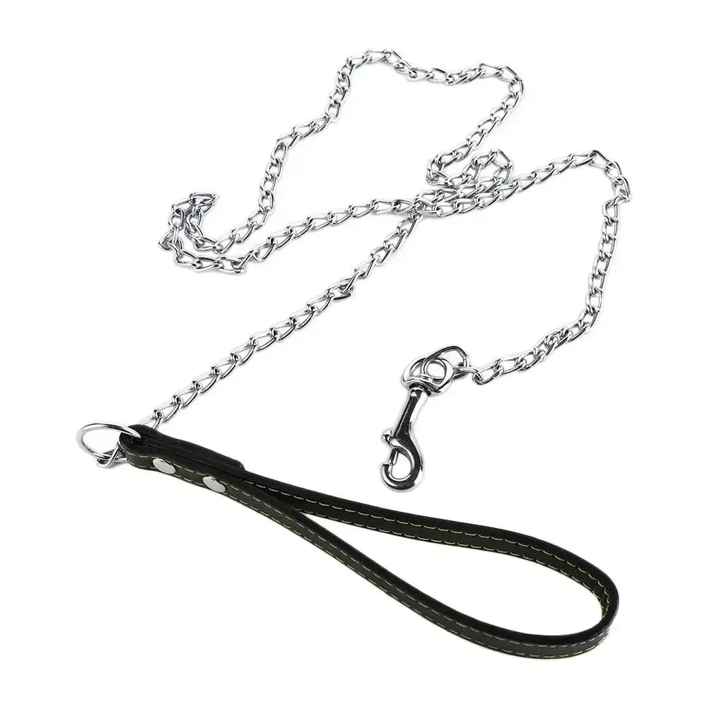 Heavy Duty Metal Chain Dog Lead With Leather Handle Long Strong Control Leash