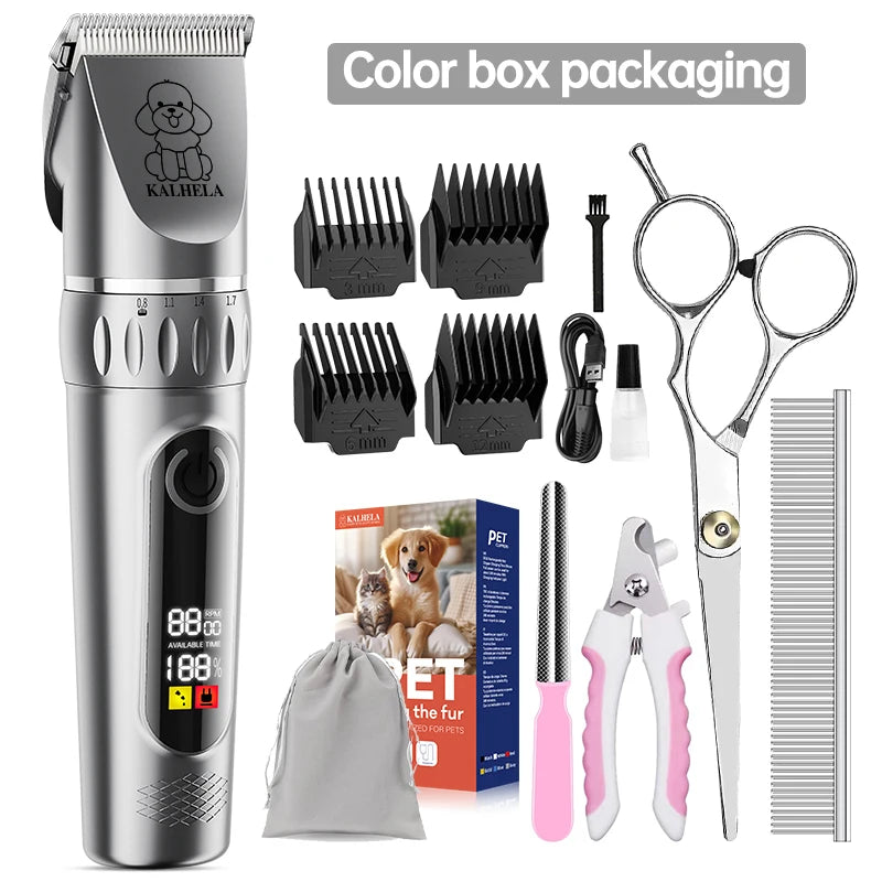 Professional Pet Grooming Kit | Rechargeable Electric Dog and Cat Hair Trimmer Set with Scissors and Nail Clipper, Quiet Rechargeable Pet Hair Grooming Kit