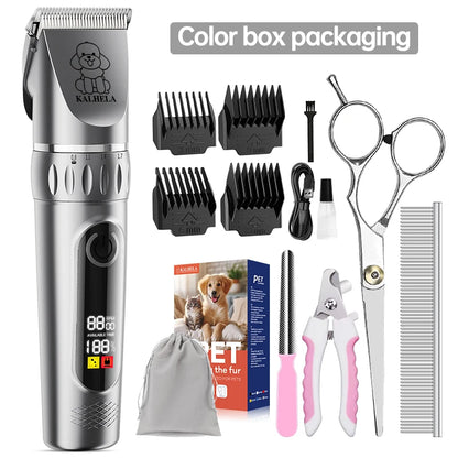 Professional Pet Grooming Kit | Rechargeable Electric Dog and Cat Hair Trimmer Set with Scissors and Nail Clipper, Quiet Rechargeable Pet Hair Grooming Kit