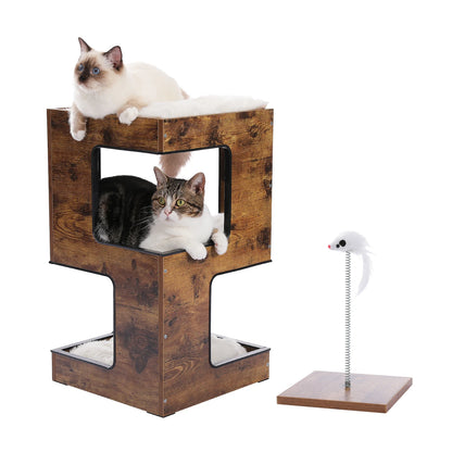 Wood Cat Condo House Bed with Removable Soft Mats Modern Cat Tree Tower with Scratching Pad