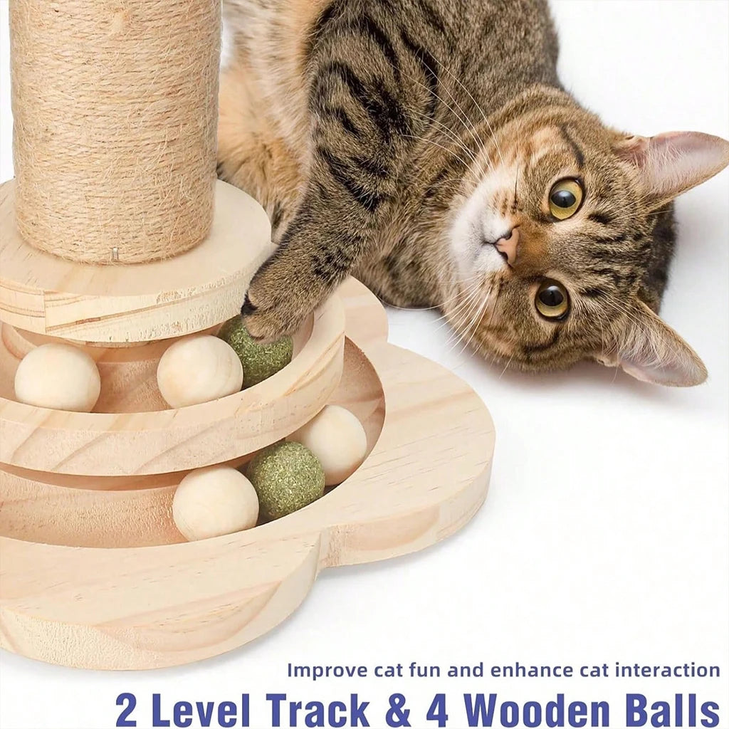 4-in-1 Wooden Cat Scratcher with Ball Track & Feather Toy Self-Play Kitten Activity Center