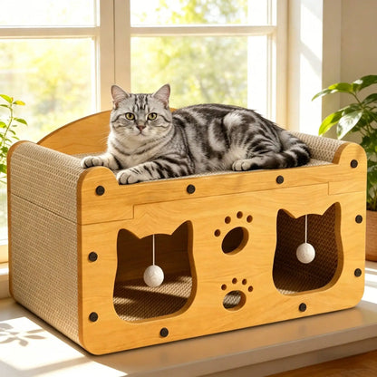 2 In 1 Double Layer Cardboard Cat Scratcher Lounge Bed  Detachable Upper Platform With 2 Hanging Pom Pom Balls