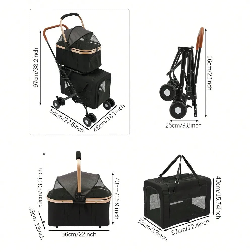 Dog Stroller For 2 Dogs, Detachable Carriers, 4 Lockable Wheels,