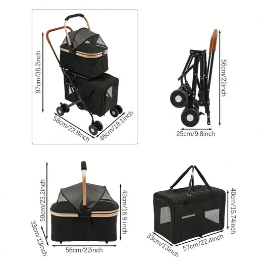 Dog Stroller For 2 Dogs, Detachable Carriers, 4 Lockable Wheels,