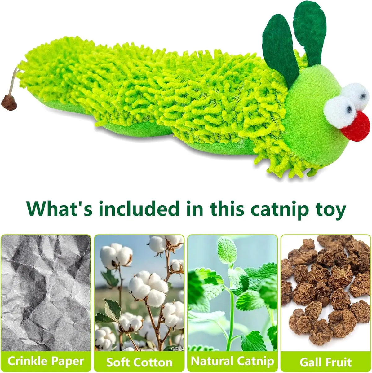 Cat Catnip Toy for Indoor Cats,3 Pack Interactive Plush Caterpillar Kicker Toy with Gall Fruit & Crinkle Paper, Durable Silvervine