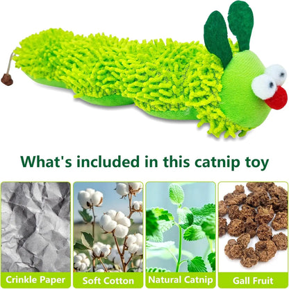Cat Catnip Toy for Indoor Cats,3 Pack Interactive Plush Caterpillar Kicker Toy with Gall Fruit & Crinkle Paper, Durable Silvervine