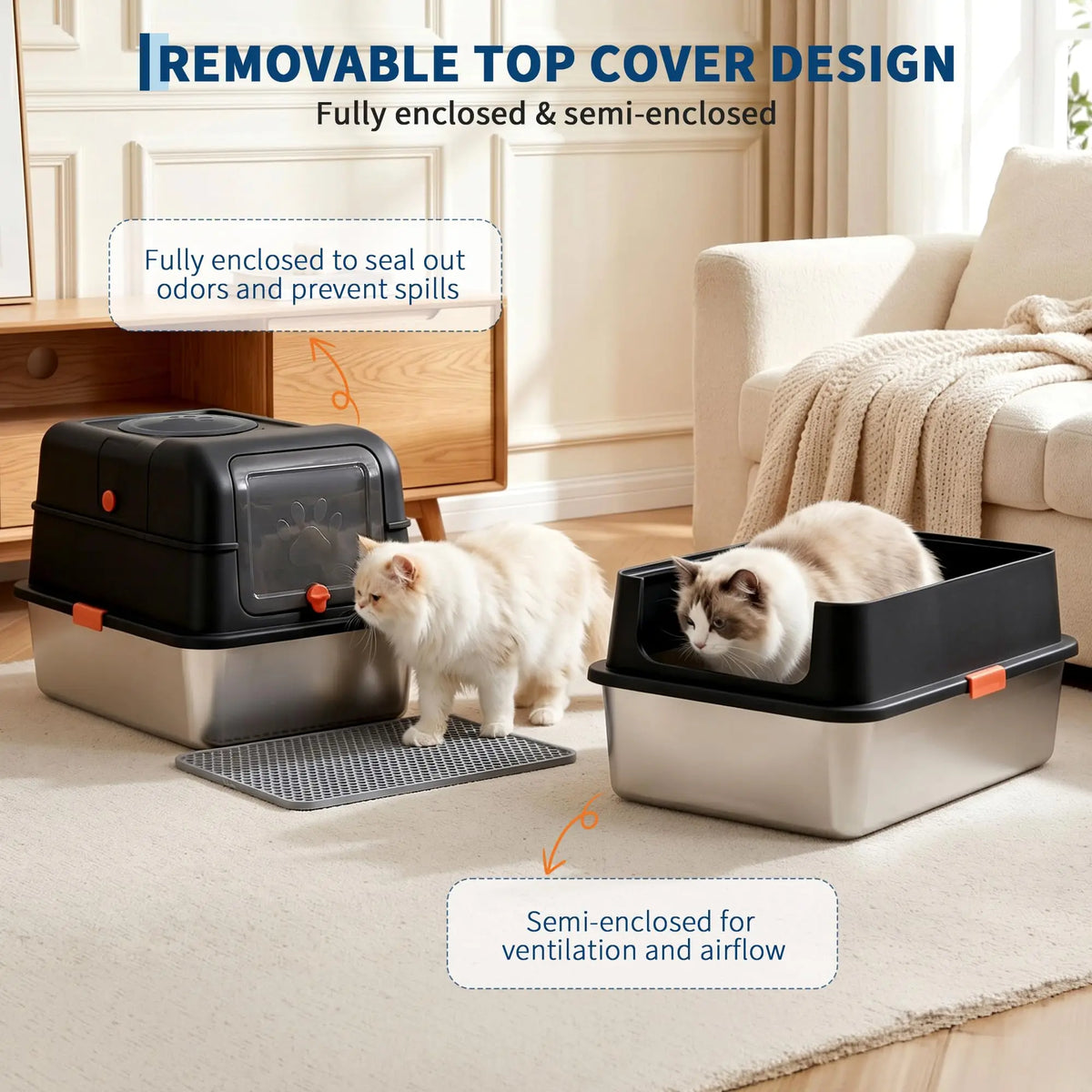 Enclosed Stainless Steel Litter Box With Lid - Dog Proof XL High Sided Anti Leak Front Entry Top Exit For Big Cats Includes