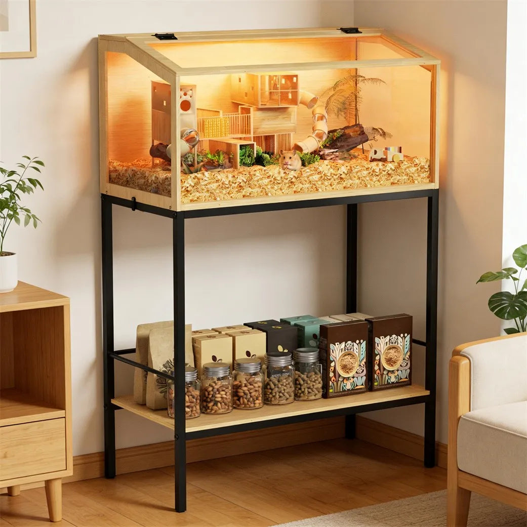 Large Elevated Wooden Hamster Cage with Storage Shelf - Small Animal Cage Habitat Built-in LED Light for Hedgehog Rodent Mice