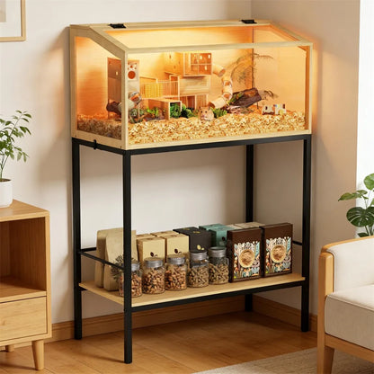 Large Elevated Wooden Hamster Cage with Storage Shelf - Small Animal Cage Habitat Built-in LED Light for Hedgehog Rodent Mice