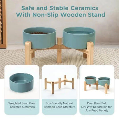 Dogs and Cat Bowls Raised with Non-Slip Bamboo Stand for Medium Sized Breed
