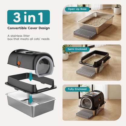 Stainless Steel Cat Litter Box with Fully Enclosed 30L Large Cat Litter Box