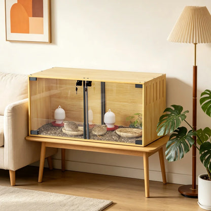 Wooden Hamster Cage Chew-proof Small Animal Habitat Cage with Dual Doors Lock Removable Divider Enclosure