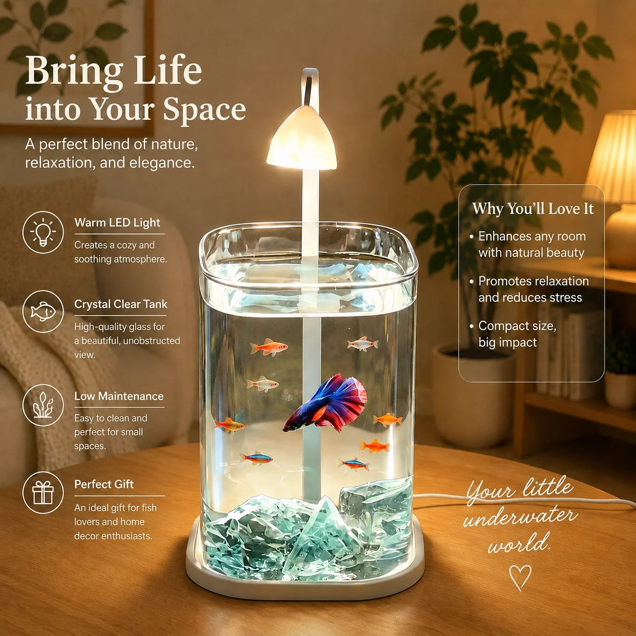 Transparent Mini Fish Bowl Desktop Creative Ecosystem Betta Tank, Crystal Stone Pearl Rhinestone Landscape Decor