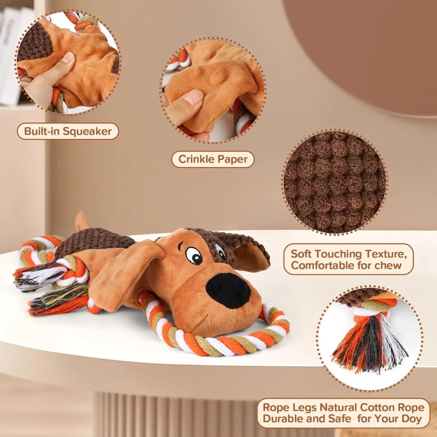 Squeaky Dog Toys with Pull Rope for All Sizes, Interactive Tug of War Plush toy