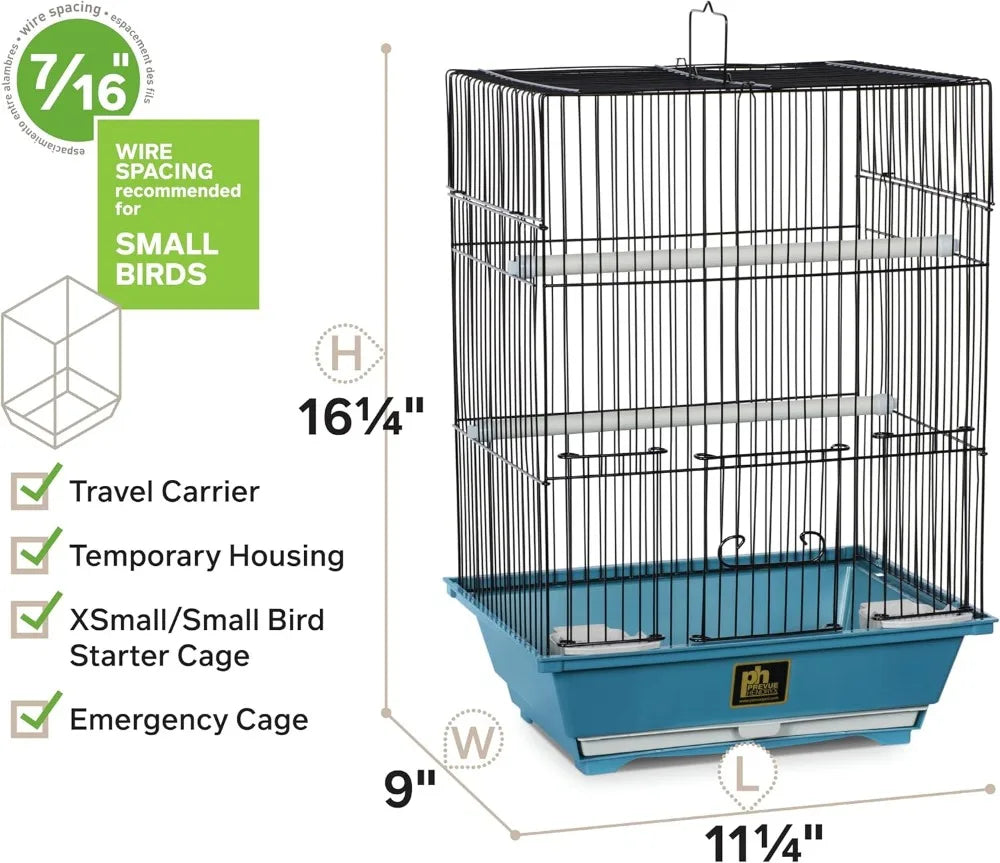 Lightweight Small Bird Cage for Finches, Canaries, Parakeets - Portable Travel Enclosure with Perches & Cups, Blue/Black