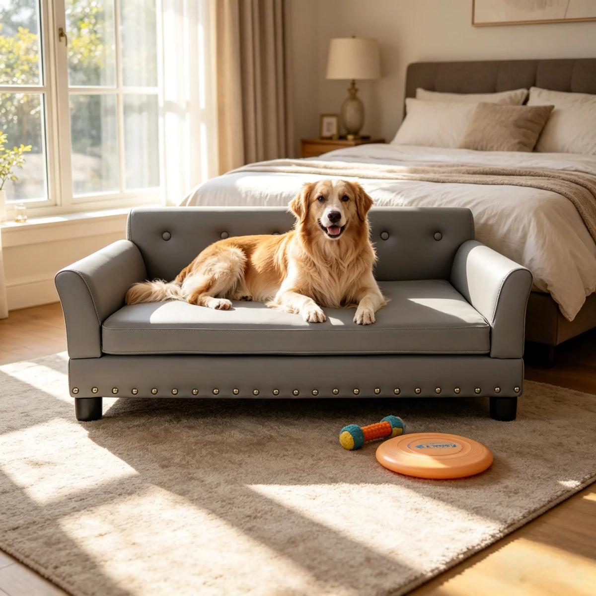 Elevated Dog Sofa for Medium to Large Dogs Microfiber Leather Cover with Removable Cushion