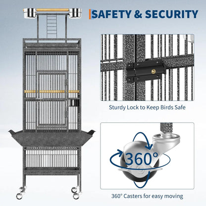 Large Bird Cage, Metal Parakeet Cage with Play Top, Wood Perches & Feeder, Spacious Rolling Flight Cage for Parrots, Cockatiels