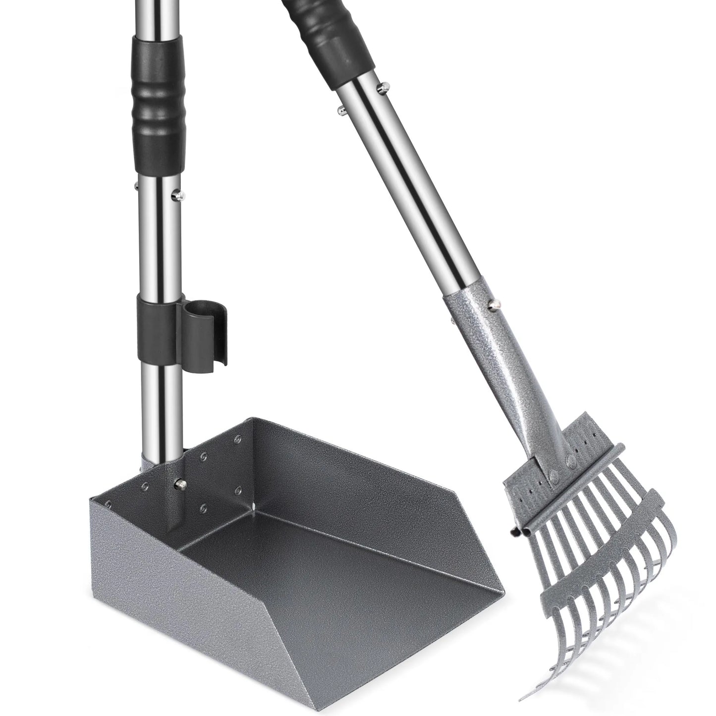 Dog Pooper Scooper Tray and Rake Set, Stainless Handles