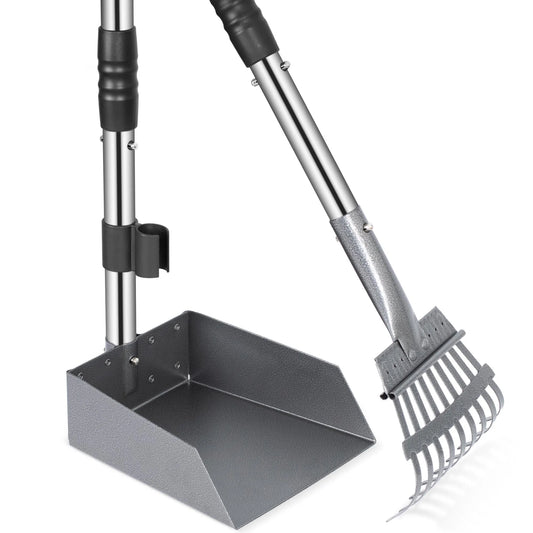 Dog Pooper Scooper Tray and Rake Set, Stainless Handles