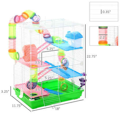 PawHut 18" 5-Tier Hamster Cage with Tubes, Tunnels, Portable Handle, Water Bottle, Food Dish & Exercise Wheel for Small Animals like Rats and Gerbils