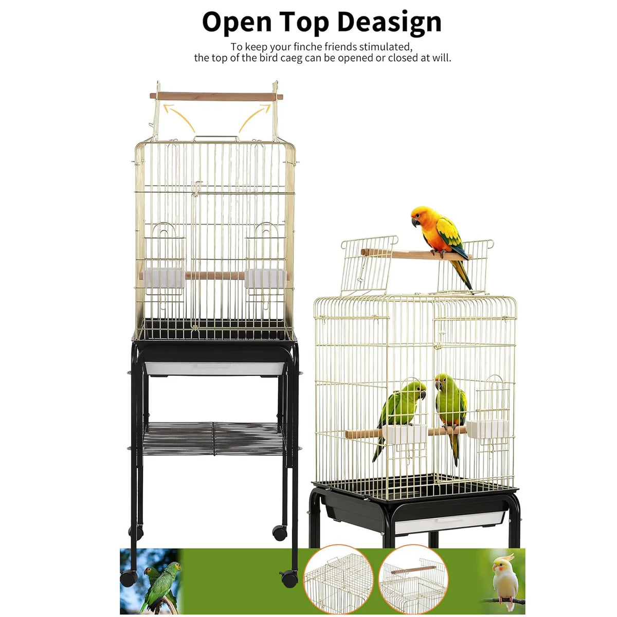 57‘’H Open-Top Bird Cage with Detachable Rolling Stand, With Slide-Out Tray,Storage Shelf,