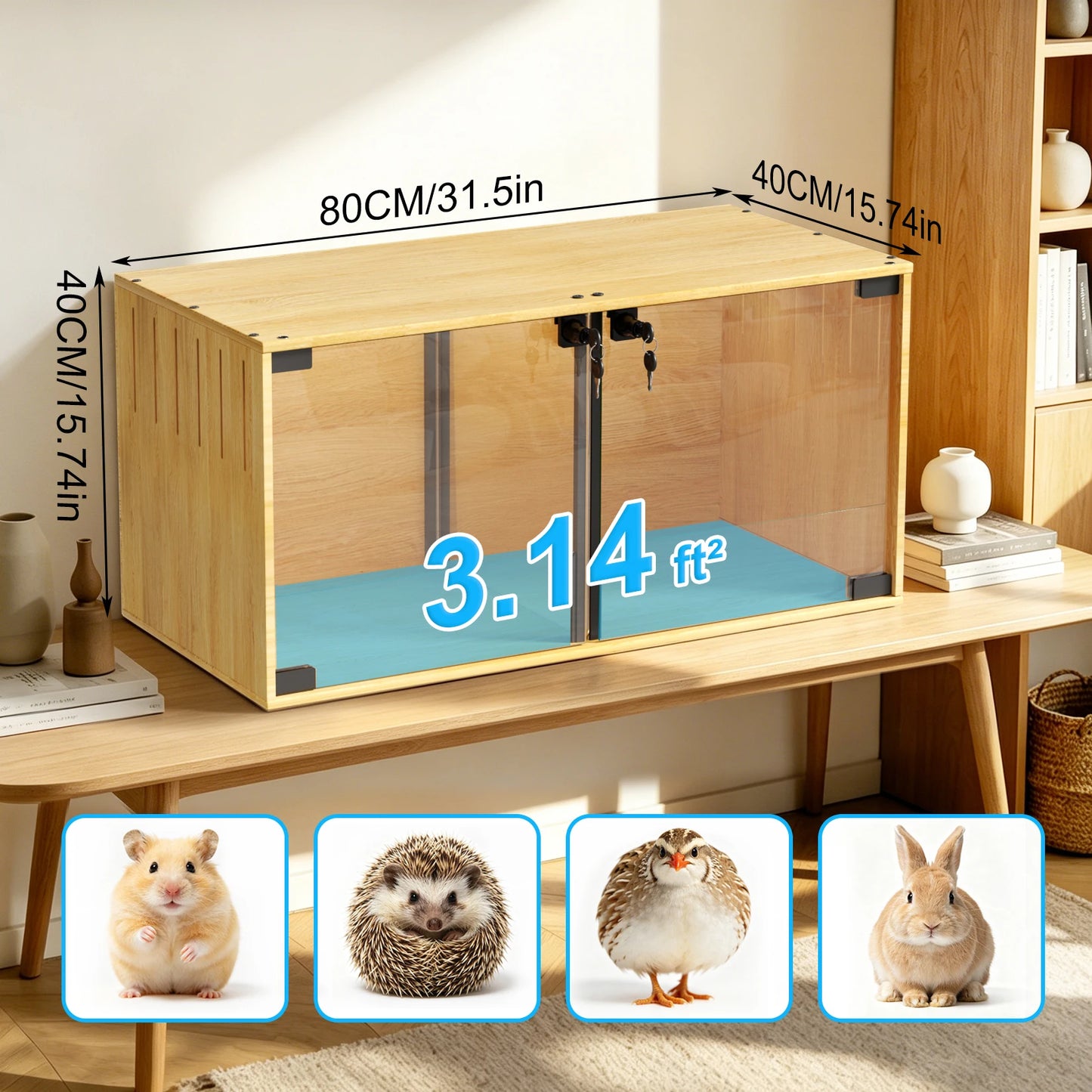 Wooden Hamster Cage Chew-proof Small Animal Habitat Cage with Dual Doors Lock Removable Divider Enclosure