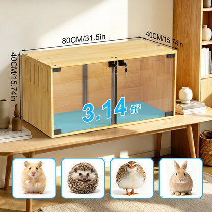 Wooden Hamster Cage Chew-proof Small Animal Habitat Cage with Dual Doors Lock Removable Divider Enclosure