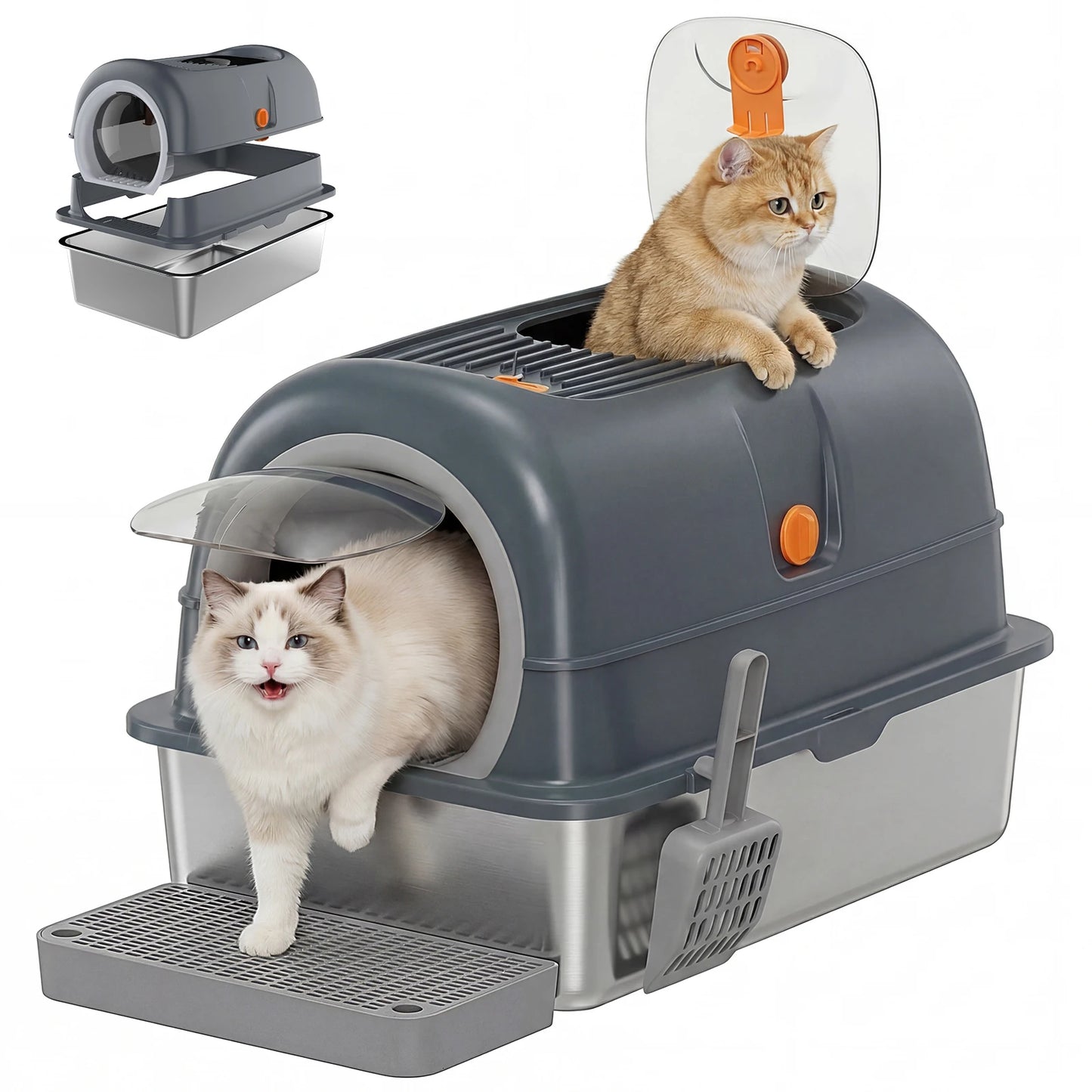 Stainless Steel Cat Litter Box with Fully Enclosed 30L Large Cat Litter Box