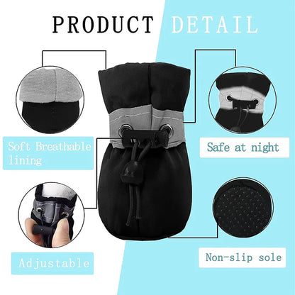 4Pcs Dog Boots Waterproof Non-slip Reflective Strip Adjustable Drawstring Soft Breathable Pet Shoes for Small Medium Dogs Winter