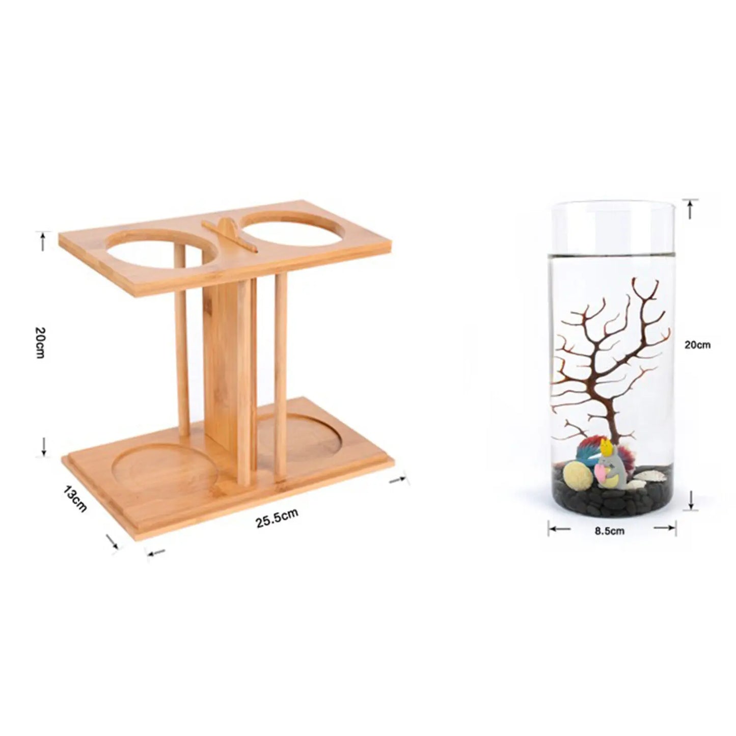 Glass Betta Fish Tank with LED Light Bamboo Base Mini Aquarium Set for Desktop Home Office Decoration 2 Tanks