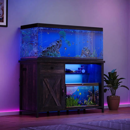 Heavy Duty Aquarium Stand with Power Outlets, LED Light & Cabinet Storage for 55-75 Gallon Fish Tanks